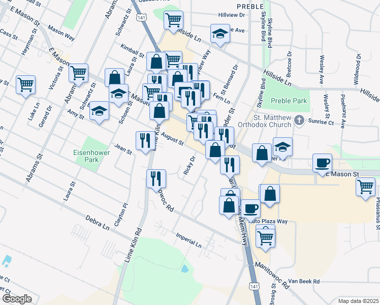 map of restaurants, bars, coffee shops, grocery stores, and more near 817 Ricky Drive in Green Bay