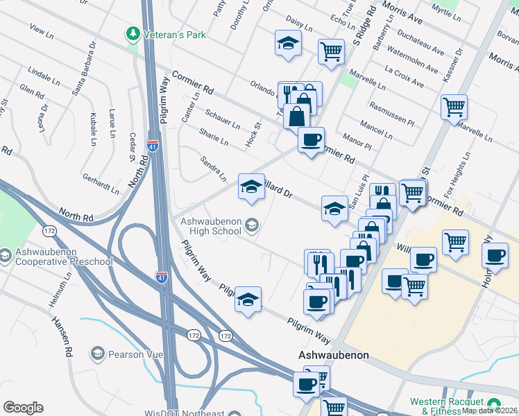 map of restaurants, bars, coffee shops, grocery stores, and more near 1694 West Main Circle in De Pere