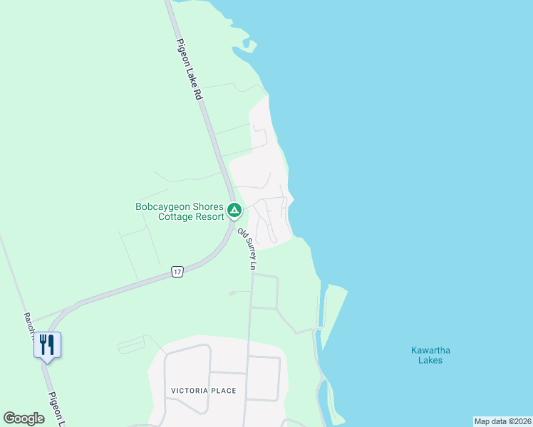 map of restaurants, bars, coffee shops, grocery stores, and more near 2806 Pigeon Lake Road in Kawartha Lakes