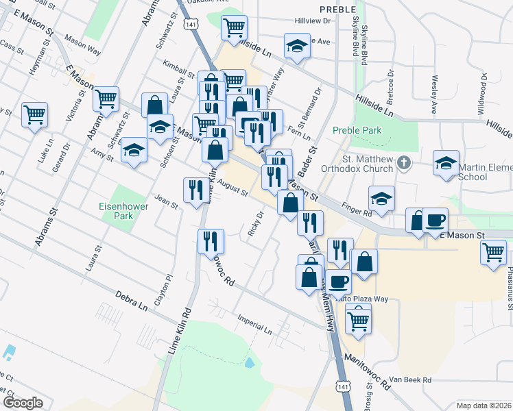 map of restaurants, bars, coffee shops, grocery stores, and more near 2032 August Street in Green Bay