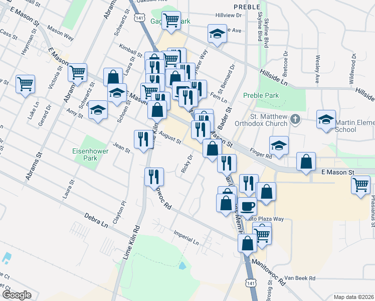 map of restaurants, bars, coffee shops, grocery stores, and more near 817 Ricky Drive in Green Bay