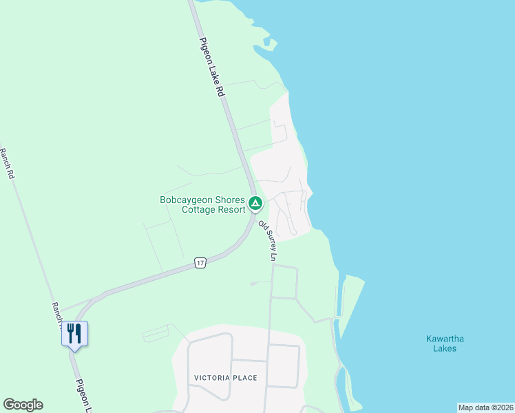 map of restaurants, bars, coffee shops, grocery stores, and more near 2806 Pigeon Lake Road in Kawartha Lakes