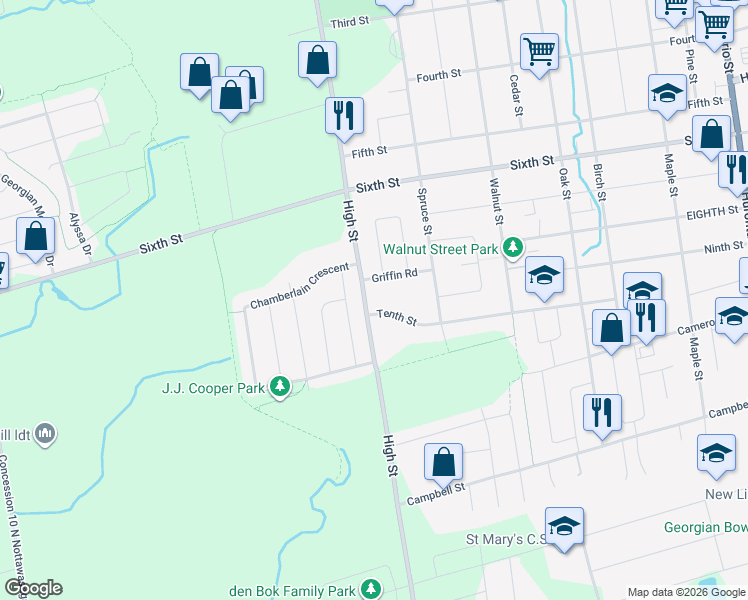 map of restaurants, bars, coffee shops, grocery stores, and more near 610 Tenth Street in Collingwood