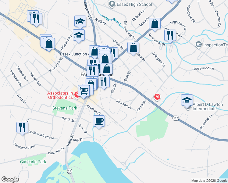 map of restaurants, bars, coffee shops, grocery stores, and more near 6 Elm Street in Essex