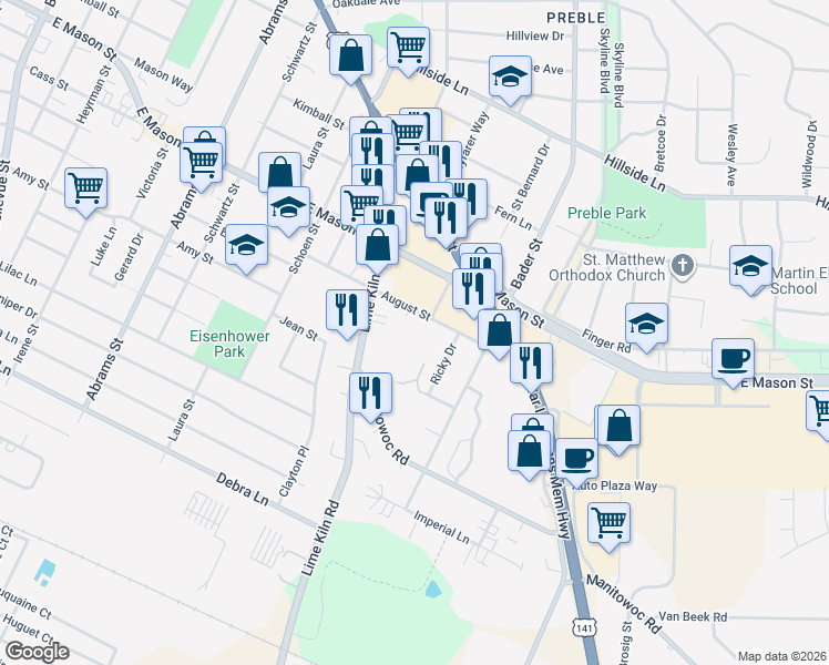 map of restaurants, bars, coffee shops, grocery stores, and more near 2012 August Street in Green Bay