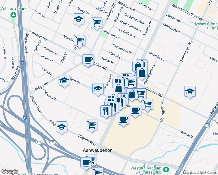 map of restaurants, bars, coffee shops, grocery stores, and more near 926 Willard Dr in Green Bay