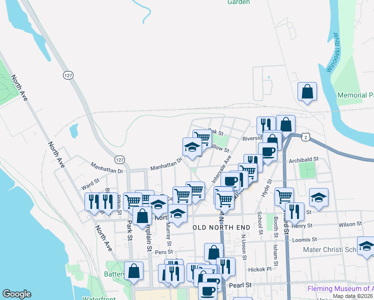 map of restaurants, bars, coffee shops, grocery stores, and more near 284 Manhattan Drive in Burlington