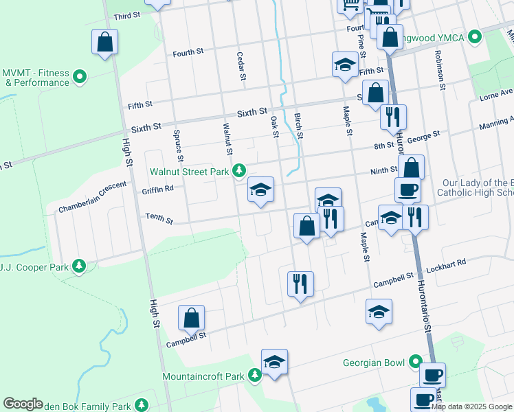 map of restaurants, bars, coffee shops, grocery stores, and more near 490 Tenth Street in Collingwood