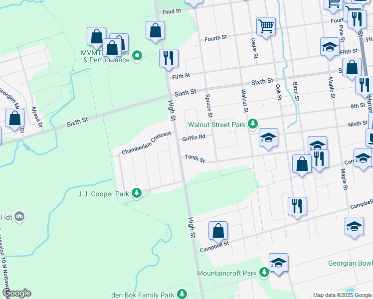 map of restaurants, bars, coffee shops, grocery stores, and more near 530 Tenth Street in Collingwood