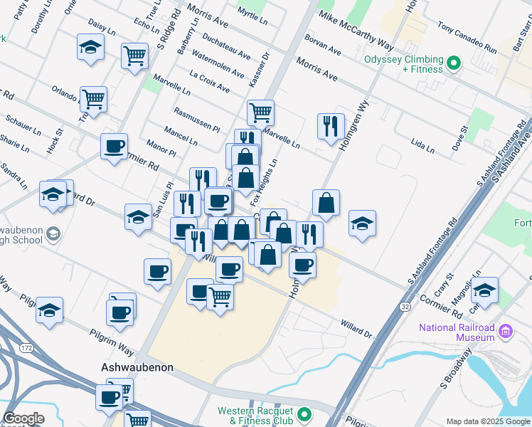 map of restaurants, bars, coffee shops, grocery stores, and more near 800 Cormier Road in Green Bay