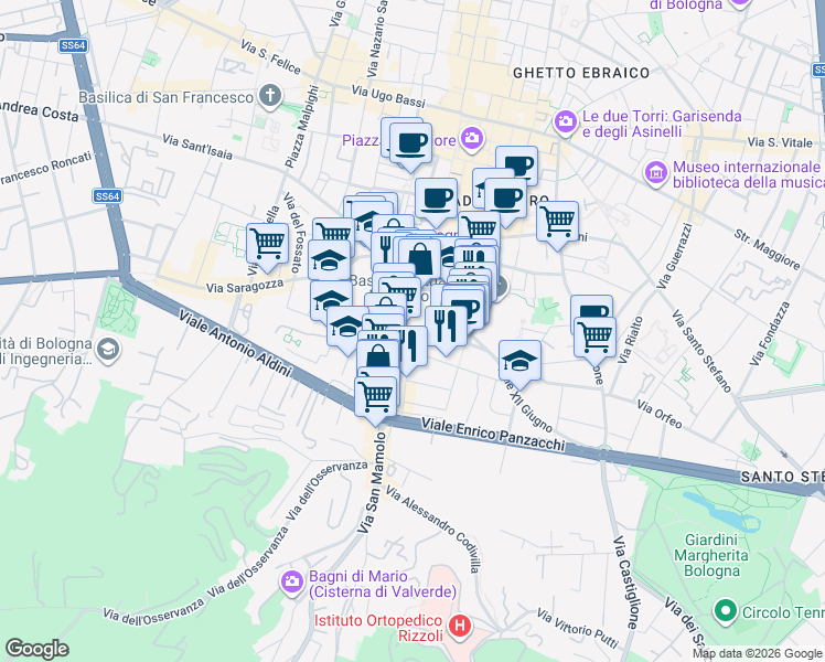 map of restaurants, bars, coffee shops, grocery stores, and more near 31 Via delle Tovaglie in Bologna