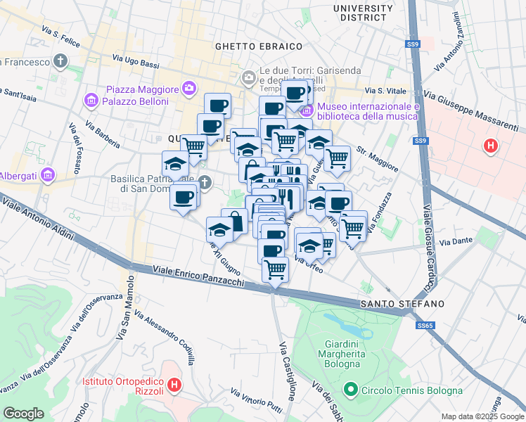 map of restaurants, bars, coffee shops, grocery stores, and more near 1-5 Vicolo Santa Lucia in Bologna