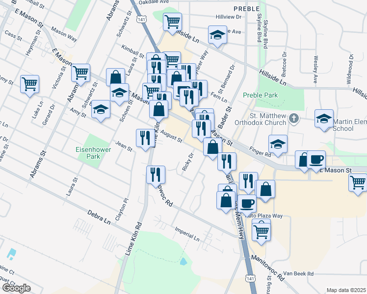map of restaurants, bars, coffee shops, grocery stores, and more near 2028 August Street in Green Bay