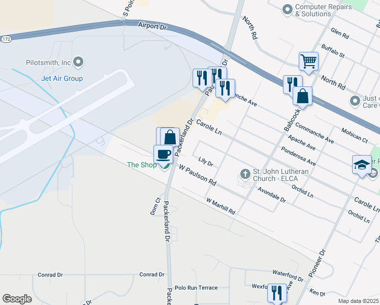 map of restaurants, bars, coffee shops, grocery stores, and more near 1655 Lily Drive in Green Bay