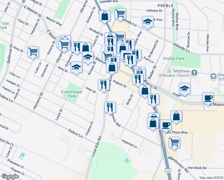 map of restaurants, bars, coffee shops, grocery stores, and more near 805 Lime Kiln Road in Green Bay