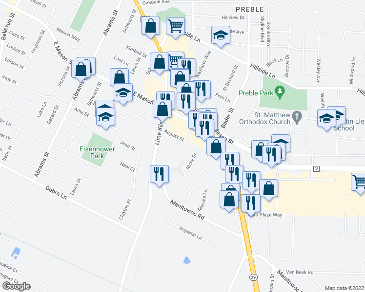 map of restaurants, bars, coffee shops, grocery stores, and more near 2024 August Street in Green Bay