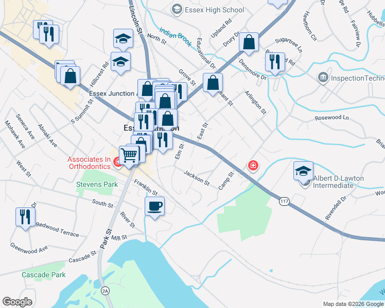 map of restaurants, bars, coffee shops, grocery stores, and more near 6 Elm Street in Essex