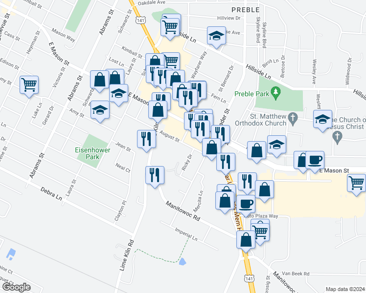 map of restaurants, bars, coffee shops, grocery stores, and more near 817 Ricky Drive in Green Bay