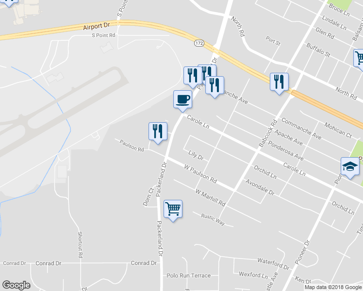 map of restaurants, bars, coffee shops, grocery stores, and more near 1655 Lily Drive in Green Bay