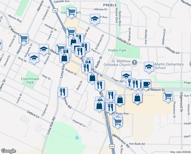 map of restaurants, bars, coffee shops, grocery stores, and more near 2115 Main Street in Green Bay