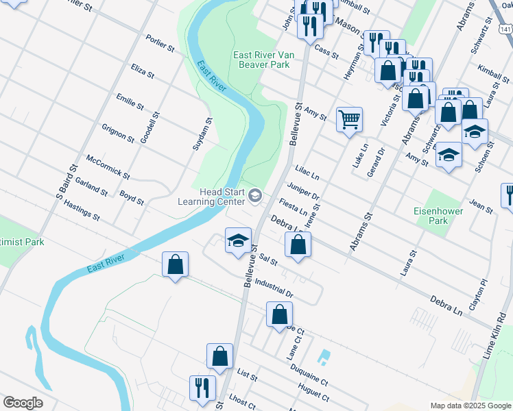 map of restaurants, bars, coffee shops, grocery stores, and more near 1150 Bellevue Street in Green Bay