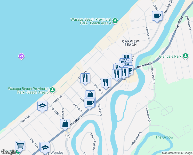 map of restaurants, bars, coffee shops, grocery stores, and more near 87 31st Street North in Wasaga Beach