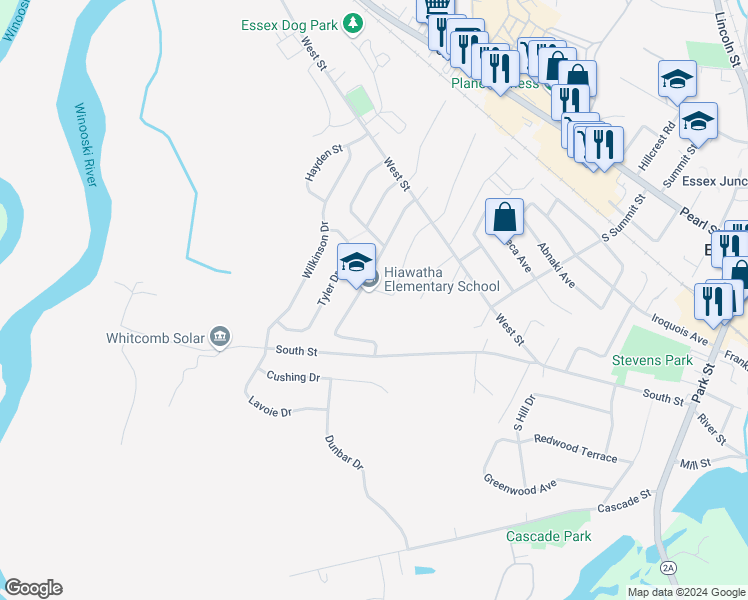 map of restaurants, bars, coffee shops, grocery stores, and more near 34 Hiawatha Avenue in Essex