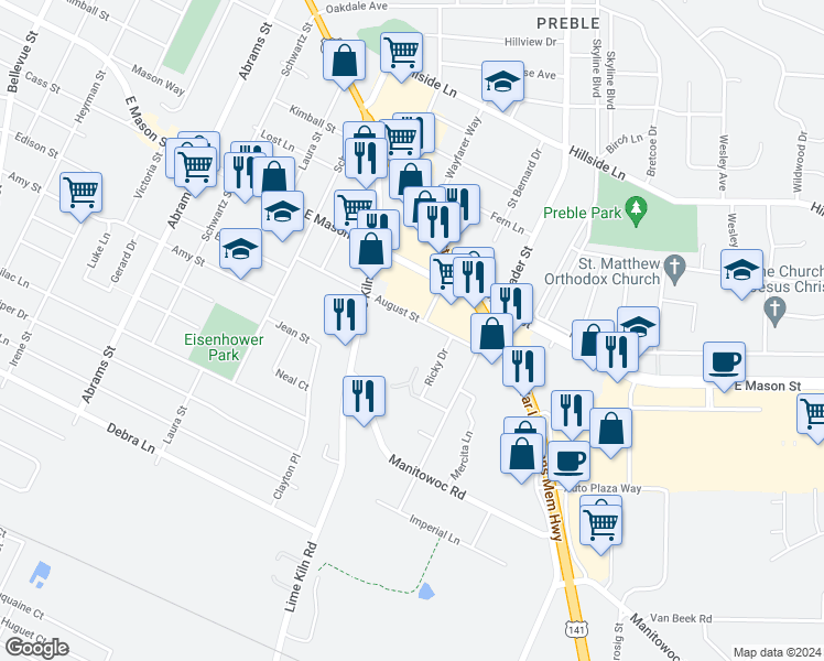 map of restaurants, bars, coffee shops, grocery stores, and more near 2016 August Street in Green Bay