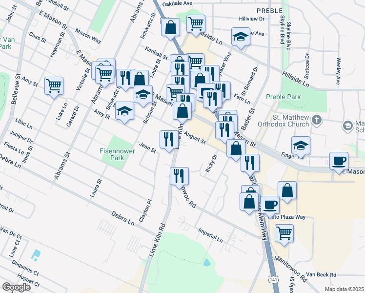 map of restaurants, bars, coffee shops, grocery stores, and more near 805 Lime Kiln Road in Green Bay