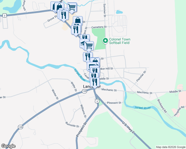 map of restaurants, bars, coffee shops, grocery stores, and more near 74 Main Street in Lancaster