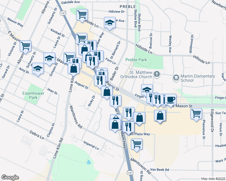map of restaurants, bars, coffee shops, grocery stores, and more near 2125 Main Street in Green Bay