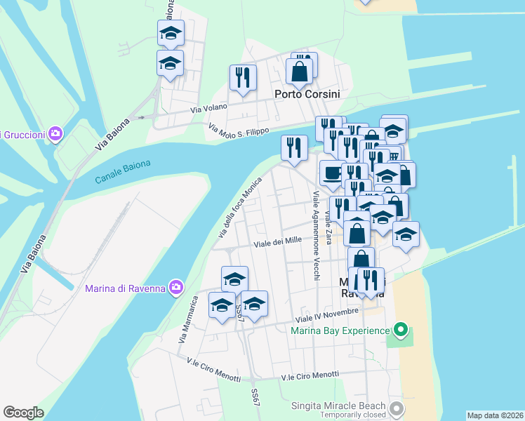 map of restaurants, bars, coffee shops, grocery stores, and more near 1 Via Policastro in Marina di Ravenna