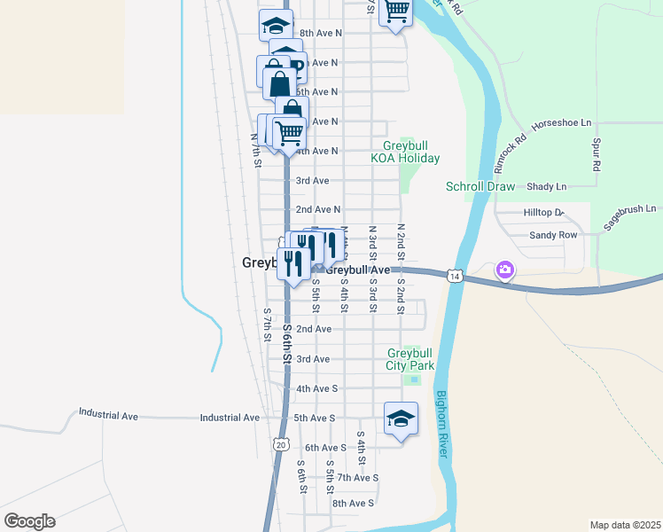 map of restaurants, bars, coffee shops, grocery stores, and more near 151 South 4th Street in Greybull