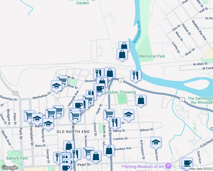 map of restaurants, bars, coffee shops, grocery stores, and more near 140 Hyde Street in Burlington