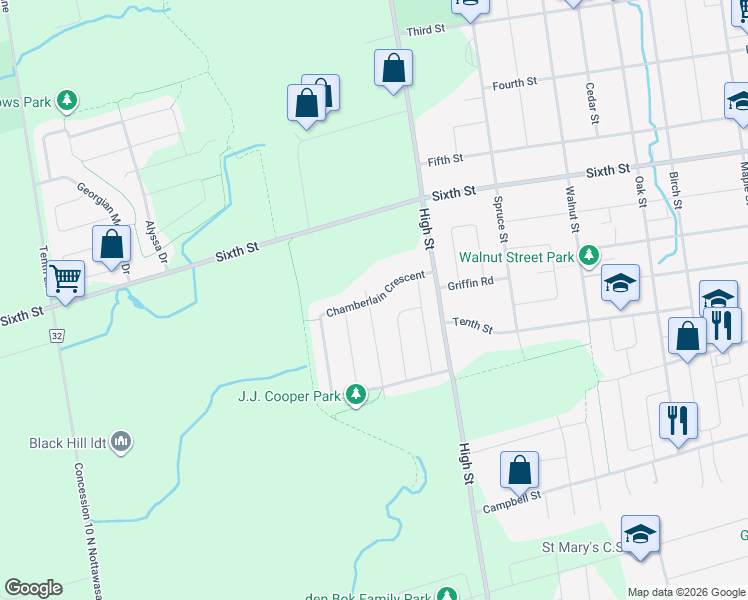map of restaurants, bars, coffee shops, grocery stores, and more near Chamberlain Crescent in Collingwood