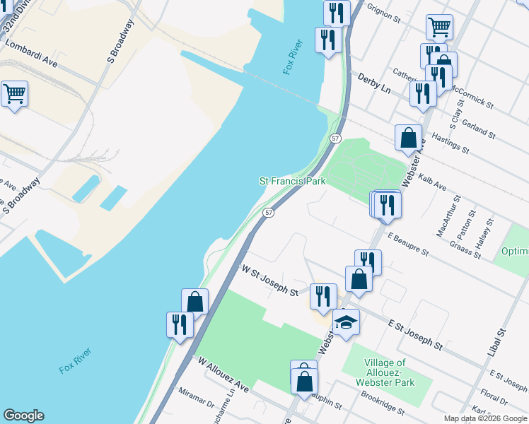 map of restaurants, bars, coffee shops, grocery stores, and more near 1810 Riverside Drive in Green Bay