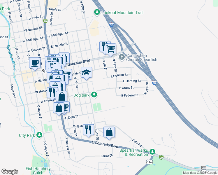 map of restaurants, bars, coffee shops, grocery stores, and more near 527 11th Street Circle in Spearfish
