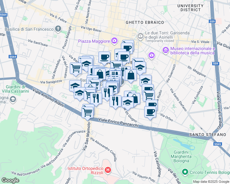 map of restaurants, bars, coffee shops, grocery stores, and more near in Bologna