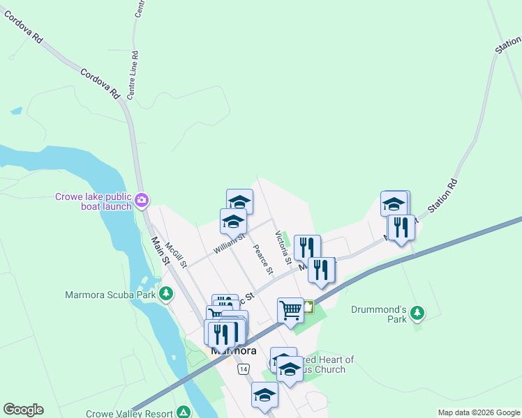 map of restaurants, bars, coffee shops, grocery stores, and more near 45 Victoria Street in Marmora
