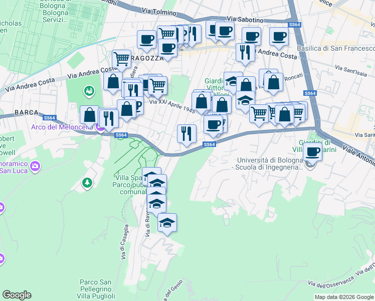 map of restaurants, bars, coffee shops, grocery stores, and more near 32 Via Francesco Orsoni in Bologna