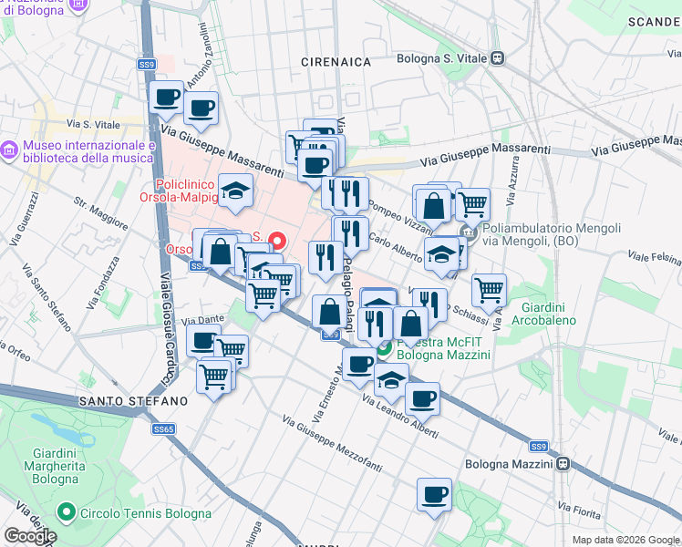 map of restaurants, bars, coffee shops, grocery stores, and more near 25 Via Filippo Argelati in Bologna