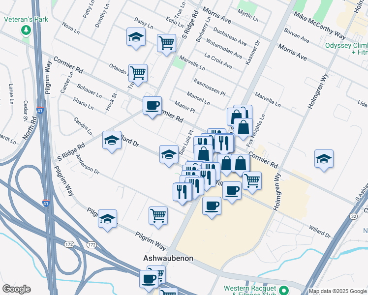 map of restaurants, bars, coffee shops, grocery stores, and more near 2338 San Luis Place in Ashwaubenon
