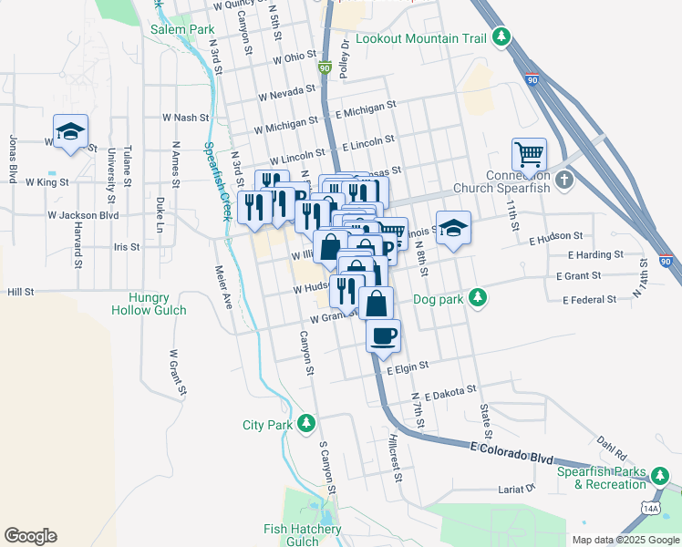 map of restaurants, bars, coffee shops, grocery stores, and more near in Spearfish