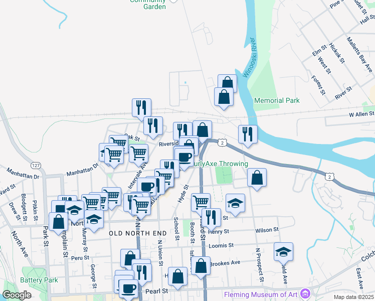 map of restaurants, bars, coffee shops, grocery stores, and more near 317 North Winooski Avenue in Burlington