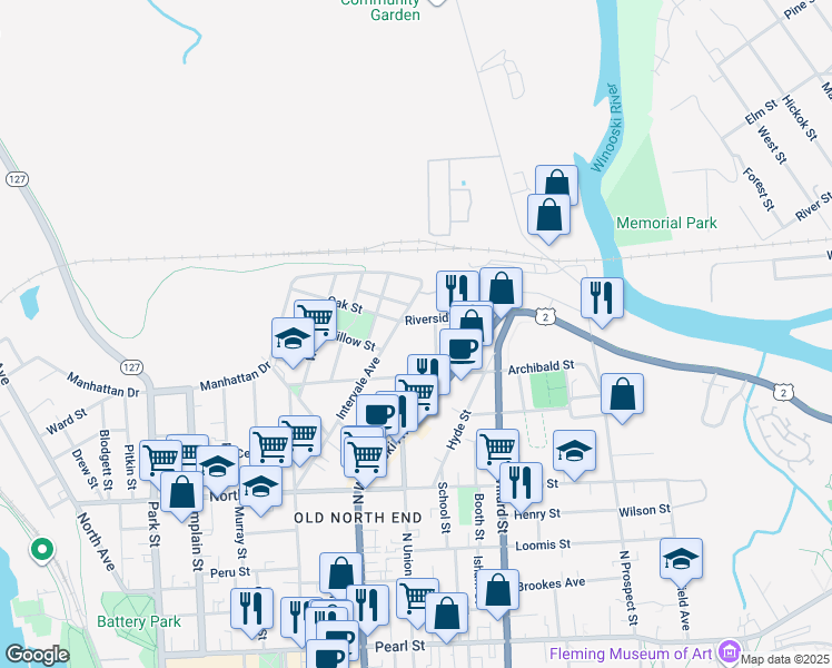 map of restaurants, bars, coffee shops, grocery stores, and more near 27 Bright Street in Burlington
