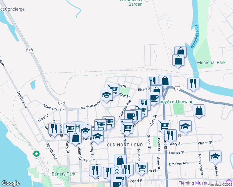 map of restaurants, bars, coffee shops, grocery stores, and more near 26 Saint Louis Street in Burlington