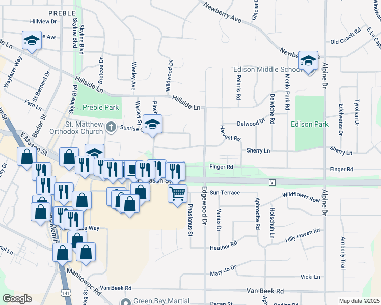 map of restaurants, bars, coffee shops, grocery stores, and more near 2465 Finger Road in Green Bay