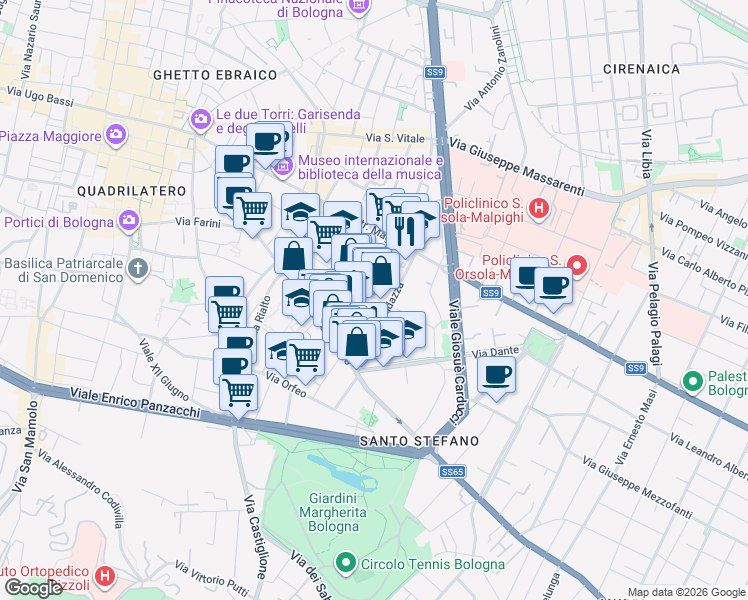 map of restaurants, bars, coffee shops, grocery stores, and more near 12 Via Remorsella in Bologna