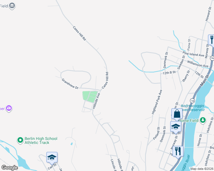 map of restaurants, bars, coffee shops, grocery stores, and more near 25 Grandview Drive in Berlin