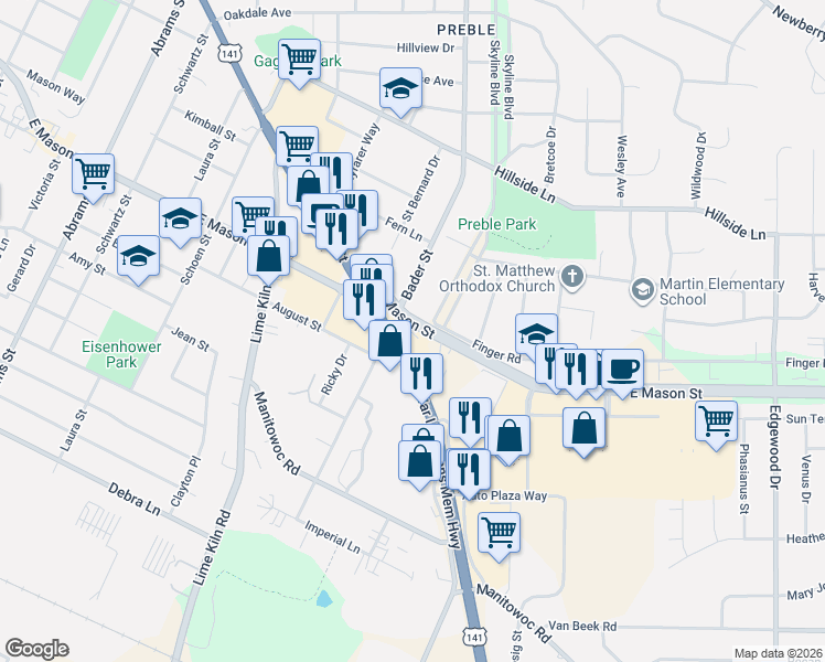 map of restaurants, bars, coffee shops, grocery stores, and more near 2115 Main Street in Green Bay